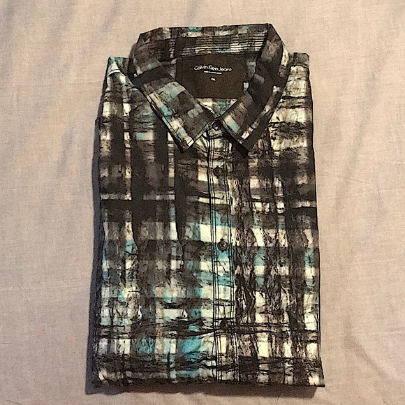 Calvin Klein Jeans long sleeve tie dyed plaid button down - Picture 1 of 3